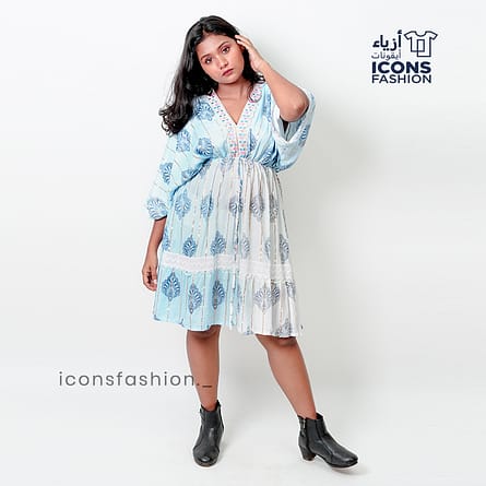 Mint-blue-and-pale-aqua-printed-dress-with-loose-sleeves-V-neck-embroidered-neckline-and-leaf-pattern-detailing