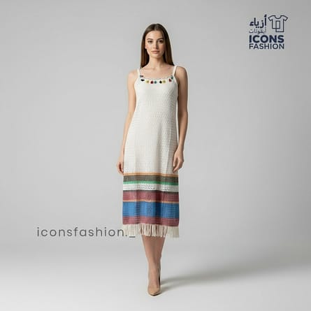 White-women-midi-dress-with-noodle-straps-straight-neckline-multicolor-hem-stripe-and-fringe-tassel