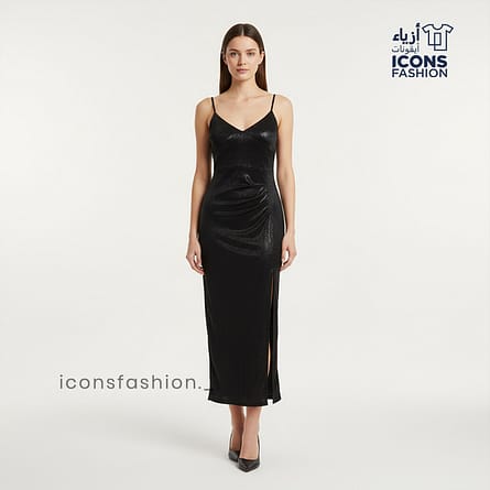 Black-shimmery-sleeveless-midi-dress-with-adjustable-spaghetti-straps-V-neckline-and-side-slit