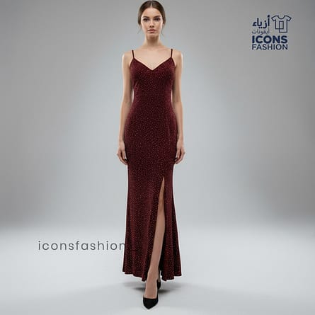 Red-lurex-maxi-dress-with-a-dotted-shimmer-finish-sleeveless-design-thin-spaghetti-straps-V-neckline-and-a-high-front-thigh-slit