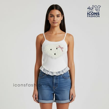 White-sleeveless-cami-crop-top-for-women-spaghetti-straps-fluffy-teddy-face-patch-with-bow-detail-lace-trimmed-hem