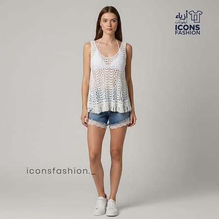 White-sleeveless-crochet-top-for-women-deep-V-neck-lace-knit-pattern-scalloped-hem-stylish-beachwear-and-summer wear
