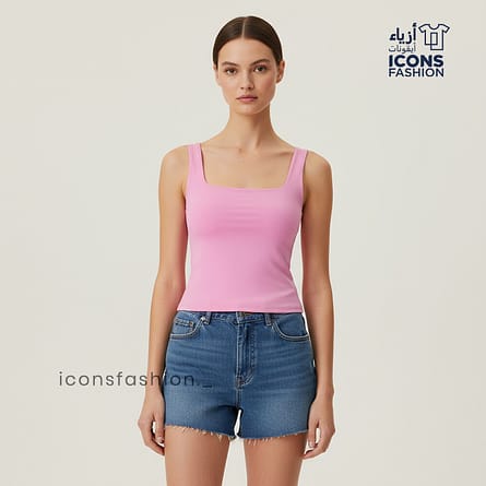Pink-sleeveless-square-neck-crop-top-for-women-with-slim-fit-design-solid-pattern-wide-straps-stylish-casual-summer-wear