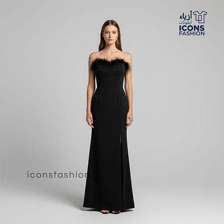Black-strapless-long-evening-gown-for-women-featuring-feather-trim-neckline-slim-fit-silhouette-and-front-thigh-high-slit-elegant-formal-wear