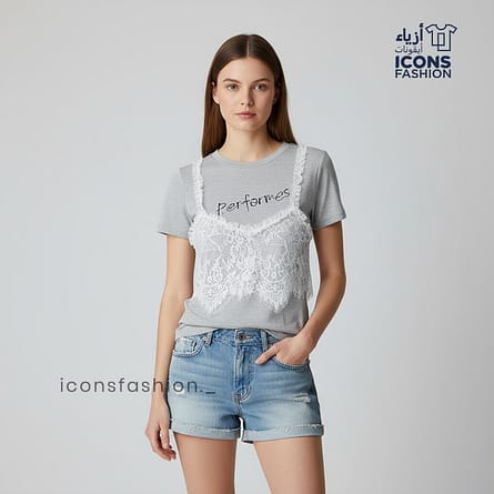 Grey-Two-piece-women-top-set-with black-print-t-shirt-and-white-lace-camisole-overlay