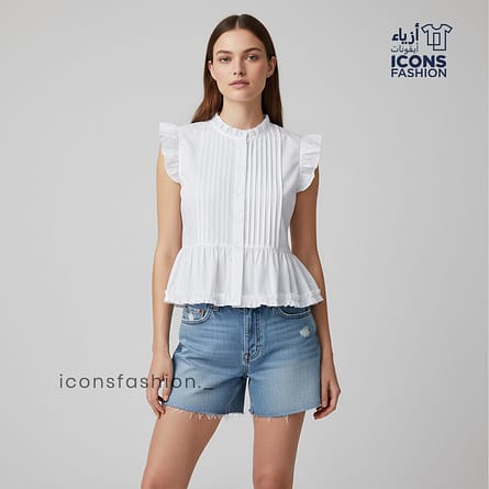 Pastel-blue-ruffle-sleeve-cotton-peplum-top-with-front-button-closure