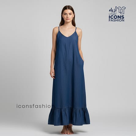 Women-wear-a-dark-blue-denim-spaghetti-straps-maxi-dress-with-a-relaxed-A-line-fit-and-ruffle-hem