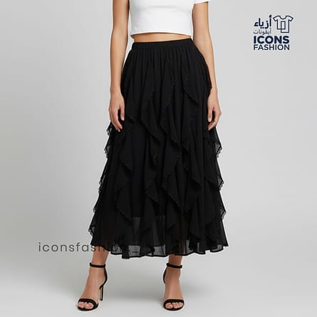 Black-tiered-ruffle-layered-long-skirt-for-women-tulle-flared-silhouette-and-layered-design