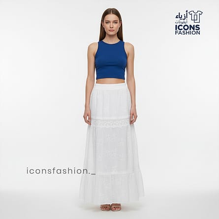 White-embroidered-tiered-maxi-skirt-for-women-with-elastic-waist-and-flared-design