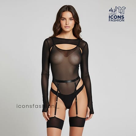 Women-black-sheer-mesh-lingerie-bodysuit-long-sleeve-high-cut-with-adjustable-garter-straps
