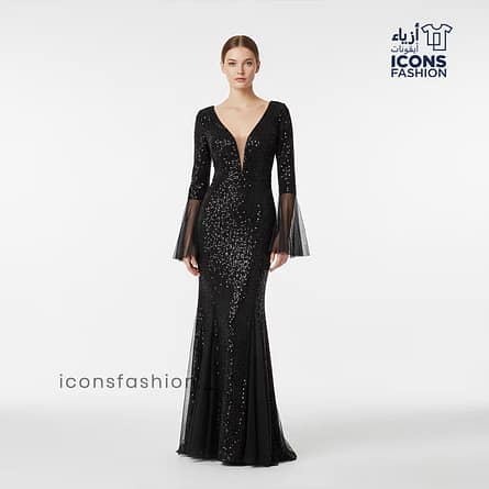 Black-women’s-black-sequin-mermaid-gown-with-deep-V-neck,-3/4-sleeves,-and-flared-mesh-cuffs