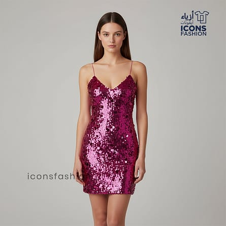 Pink-women-sequin-mini-dress-v-neck-spaghetti-straps-party-wear-dress