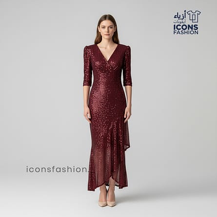Wine-red-women-sequin-long-evening-gown-v-neck-three-quarter-sleeve-party-wear-dress