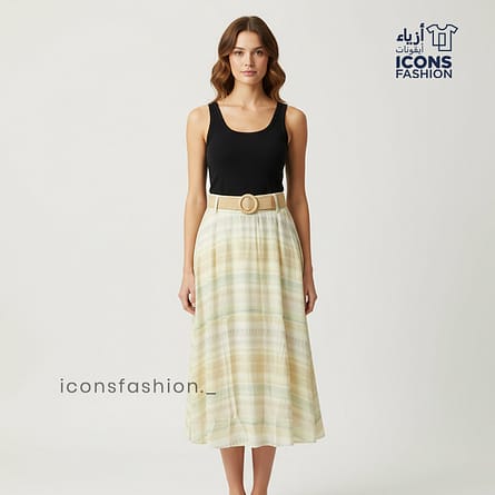 Women-pastel-beige-multi-striped-midi-skirt-high-waist-flowy-summer-skirt