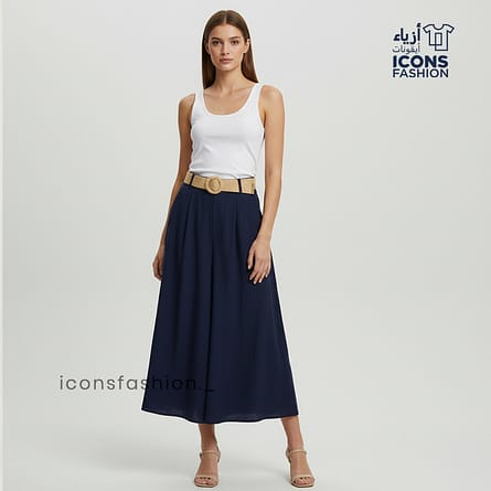 Women-navy-blue-high-waist-maxi-skirt-flared-a-line-long-skirt-with-belt-elegant-casual-wear