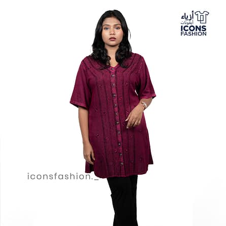 Maroon-embroidered-casual-top-for-women-with-wooden‑style-front-buttons-and-relaxed-fit