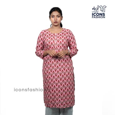 Pink-ethnic-print-kurti-for-women-knee‑length-comfortable-regular-fit-style