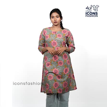 Green-casual-wear-kurti-for-women-with-pink-floral-print