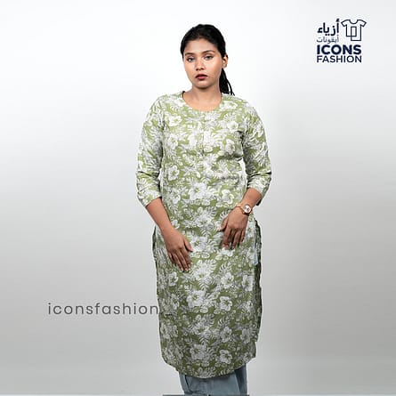 Women-sage-green-floral-printed-straight-kurti-with-round-neck-and-3-4-sleeves-daily-wear-ethnic-top