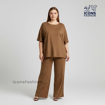 Coffee-brown-printed-co-ord-set-for-women-with-round-neck-top-and-wide-leg-pants