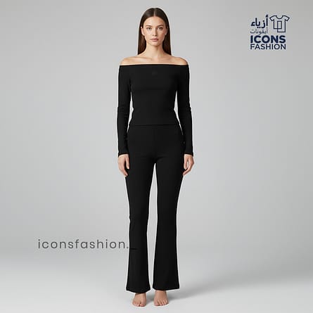 Black-off-shoulder-co-ord-set-for-women-with-long-sleeve-top-and-fitted-pants
