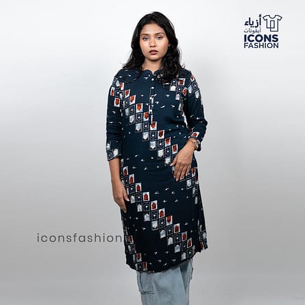 Womens-navy-blue-straight-kurti-with-geometric-print-round-neckline-3/4-sleeves-and-below-knee-length-design-styled-for-casual-daily-wear