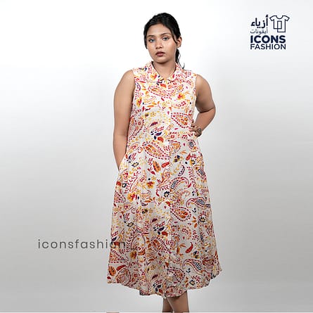 Womens-sleeveless-printed-a-line-midi-dress-with-collared-neckline-button-down-front-and-side-pockets-in-multicolor-floral-design