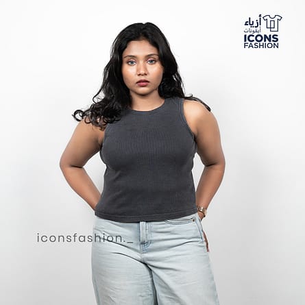 Woman-black-sleeveless-ribbed-tank-top-with-slim-fit-and-high-round-neckline