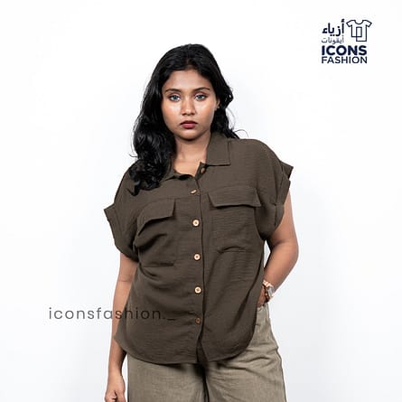 Woman-oversized-Taupe-green-button-down-shirt-with-short-sleeves-and-front-pockets