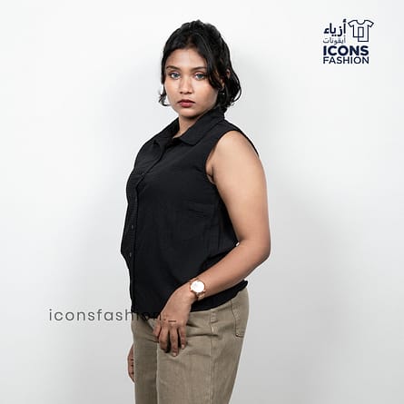 Women-sleeveless-black-collared-button-down-shirt-style-top-with-relaxed-fit