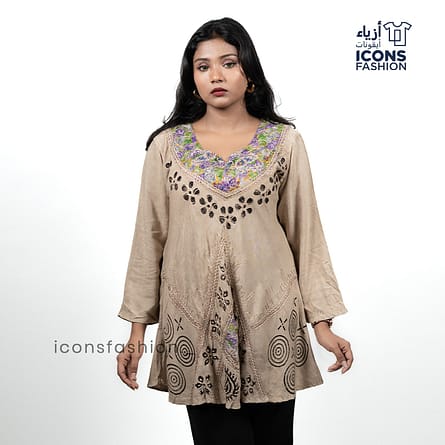 Beige-printed-flared-ethnic-dress-for-women-with-v-neck-and-long-sleeves