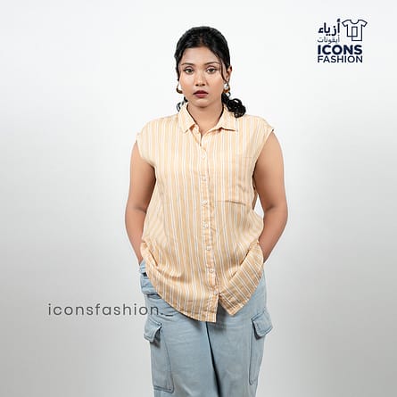 Yellow-striped-sleeveless-button-down-shirt-for-women