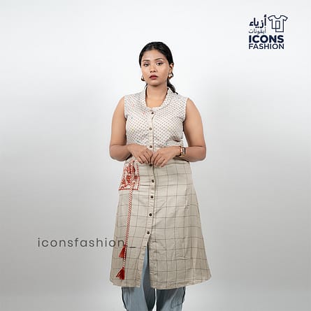 Beige-sleeveless-printed-straight-kurti-for-women-with-mandarin-collar-and-button-front