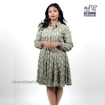 Green-printed-shirt-dress-for-women-with-collared-neck-button-front-and-long-sleeves