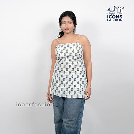 White-printed-sleeveless-spaghetti-strap-top-for-women-with-back-tie-up-detail