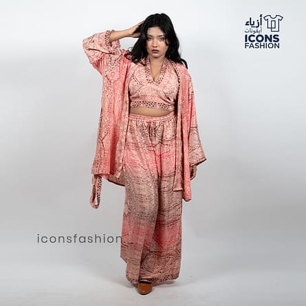 Women-peach-paisley-printed-crop-top-wide-leg-pants-and-long-shrug-three-piece-co-ord-set