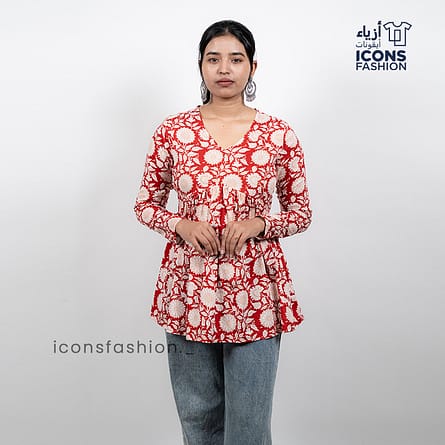 Red-floral-printed-women’s-kurta-top-with-v-neck-and-long-sleeves