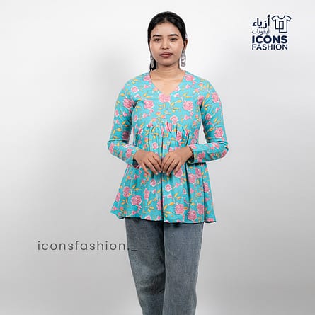 Blue-floral-printed-short-kurta-with-v-neck-and-long-sleeves