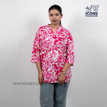 Pink-floral-printed-tunic-top-with-mandarin-collar-and-three-quarter-sleeves