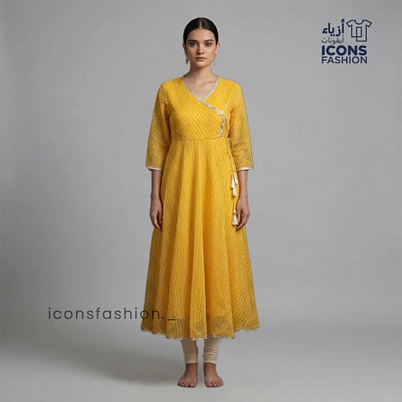 Women-yellow-Anarkali-kurta-with-V-neck-wrap-style-and-3/4-sleeves
