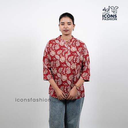 Red-floral-printed-womens-tunic-top-with-mandarin-collar-and-three-quarter-sleeves