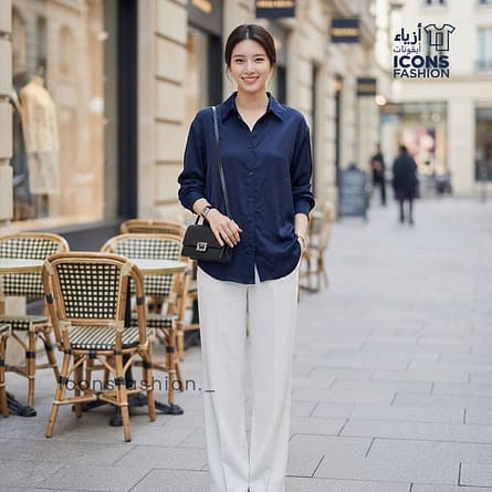 Woman-navy-blue-oversized-button-down-shirt-with-collared-neckline-full-sleeves