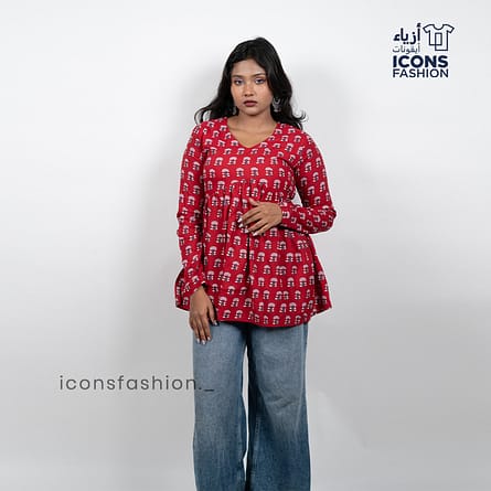 Woman-red-printed-kurta-with-v-neck-long-sleeves-and-flared-a-line-silhouette