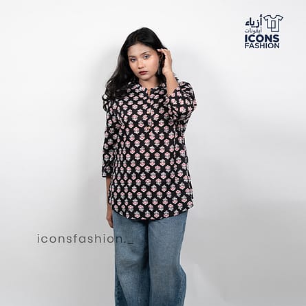 Women-black-floral-printed-tunic-style-top-with-mandarin-collar