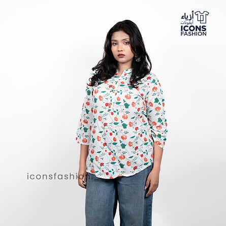 Women-white-floral-printed-tunic-top-with-mandarin-collar