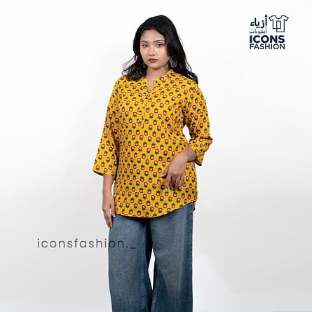Women-mustard-yellow-floral-printed-tunic-top-with-mandarin-collar-three-quarter-sleeves-straight-hemline-and-relaxed-fit