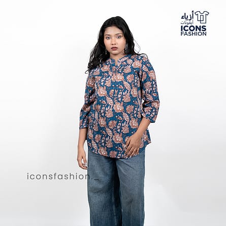 Blue-printed-tunic-top-with-three-quarter-sleeves-and-notched-neckline