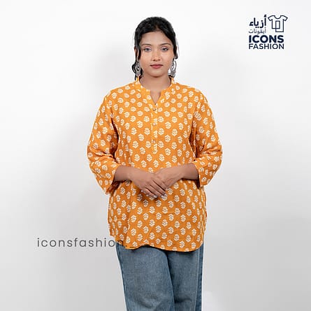 Mustard-yellow-printed-tunic-top-with-three-quarter-sleeves-and-notched-neckline