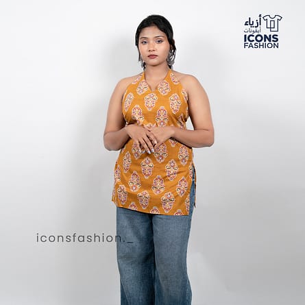 Mustard-yellow-floral-printed-women’s-halter-neck-kurta-top-with-tie-back-lace-up-detail