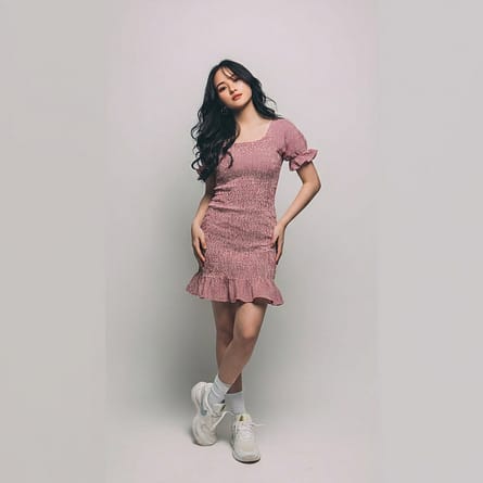 Red-smocked-square-neck-mini-dress-with-short-ruffle-sleeves-for-women